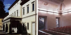 Restauro del complesso di via Gino Capponi, Firenze: facciata con portico e sala interna affrescata