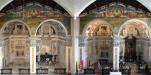 Restauro del santuario di Santa Maria del Lavello: abside affrescata prima e dopo l'intervento