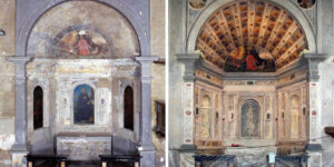 Restauro del santuario di Santa Maria del Lavello: cappella affrescata prima e dopo il restauro