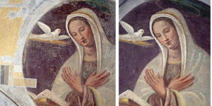 Restauro del santuario di Santa Maria del Lavello: dettaglio dell'affresco dell'Annunciazione
