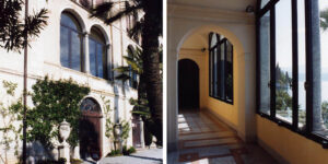 Restauro di Villa Monastero, Varenna: finestre ad arco con palme e loggia interna vista lago